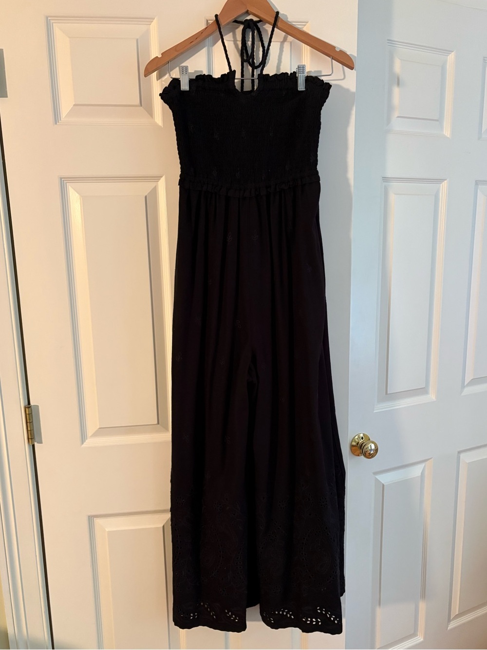 Anthropologie Black Strapless Smocked Wide-Leg Jumpsuit
